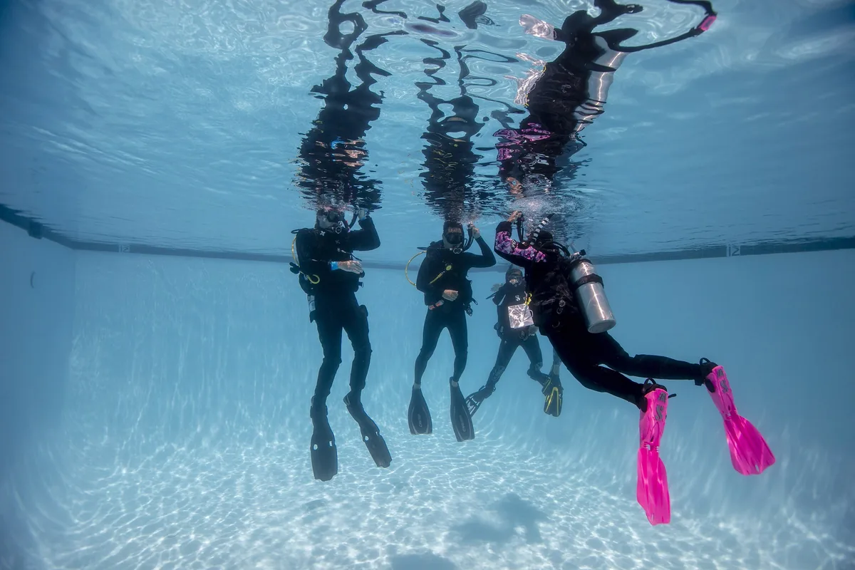 Buceadores de pie y flotando en una piscina profunda vistos desde debajo del agua